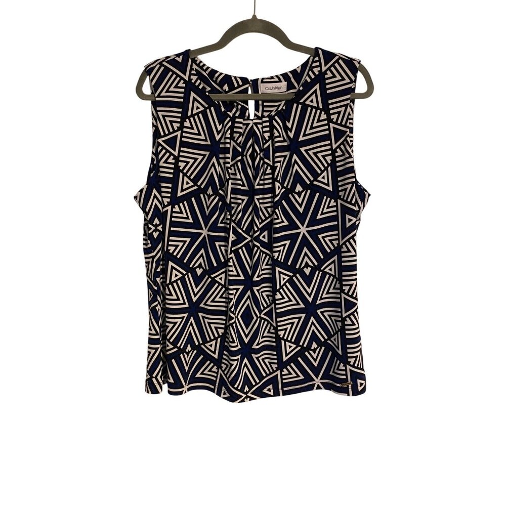 Calvin Klein Top Women's 1X Navy White Geometric Sleeveless Gold Logo Office
